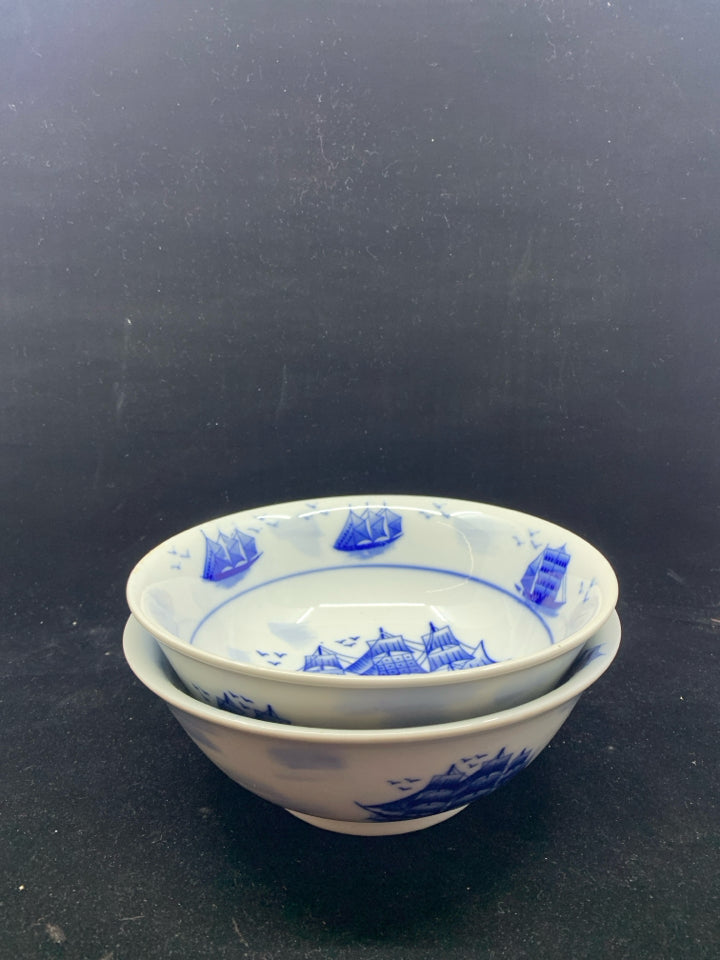 2 BLUE AND WHITE SHIP SERVING BOWLS.