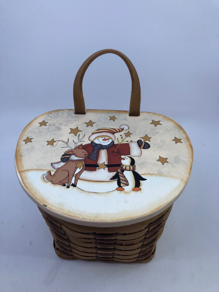 WOVEN HANGING BASKET W/ SNOWMAN W/ DEER COVER.