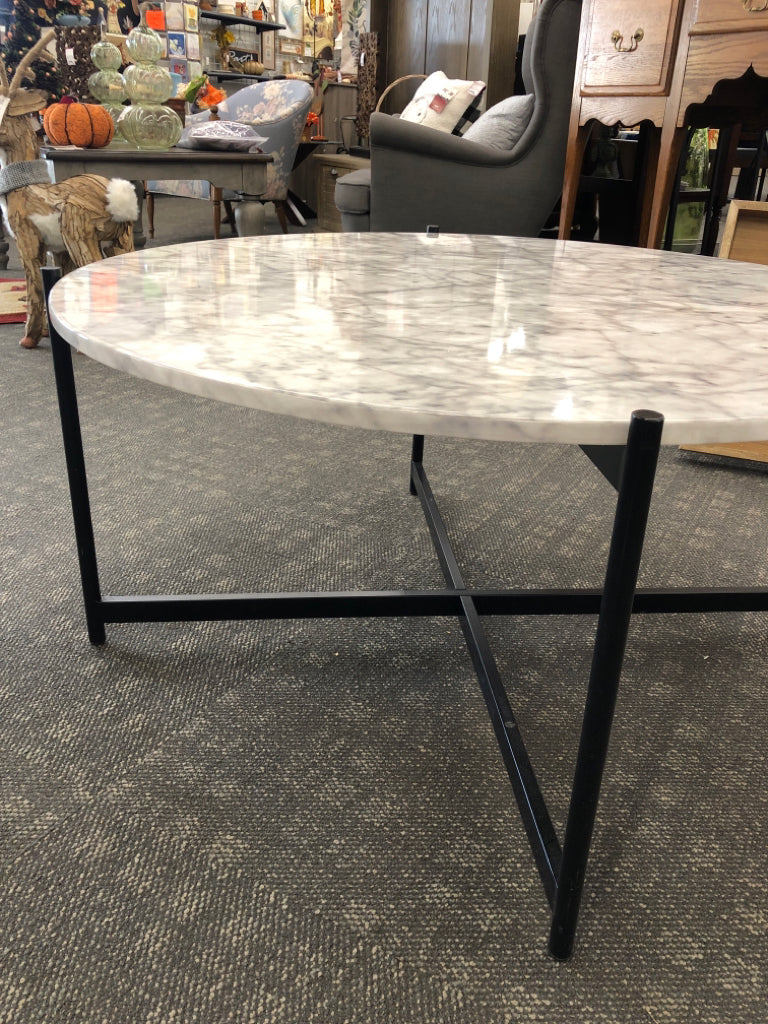 BLACK METAL LEG WHITE FAUX MARBLE TOP COFFEE TABLE.