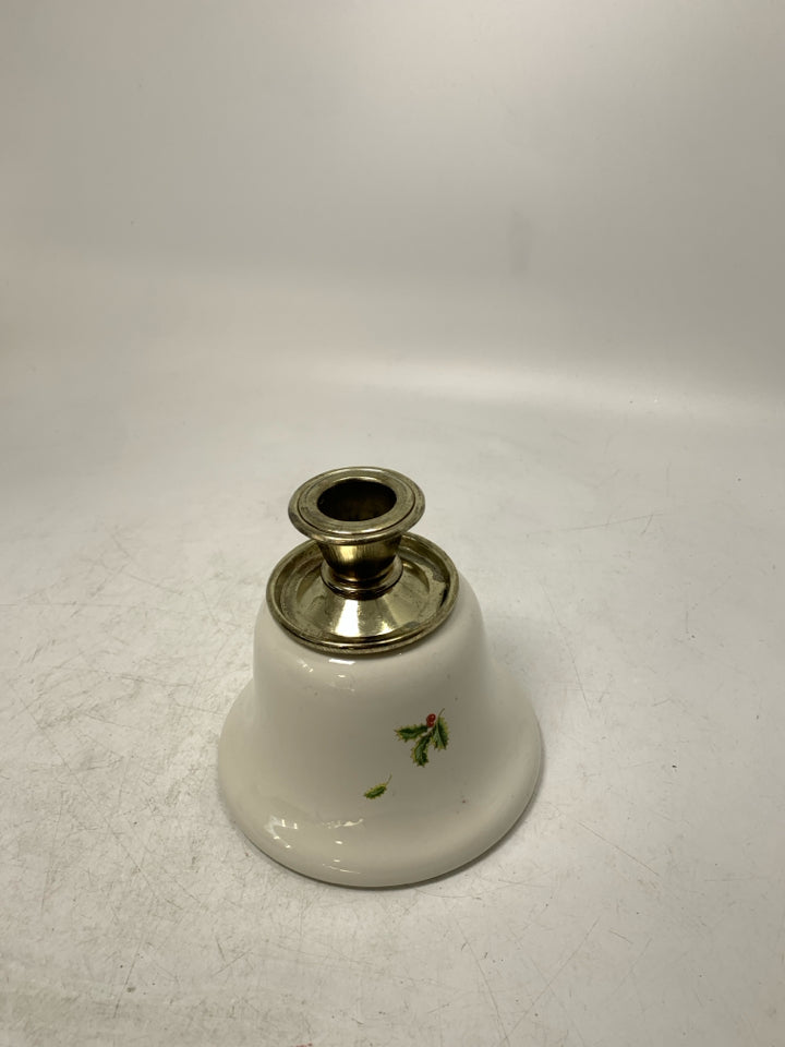 WHITE CERAMIC BASE W/ HOLLY METAL TAPERED CANDLE HOLDER.