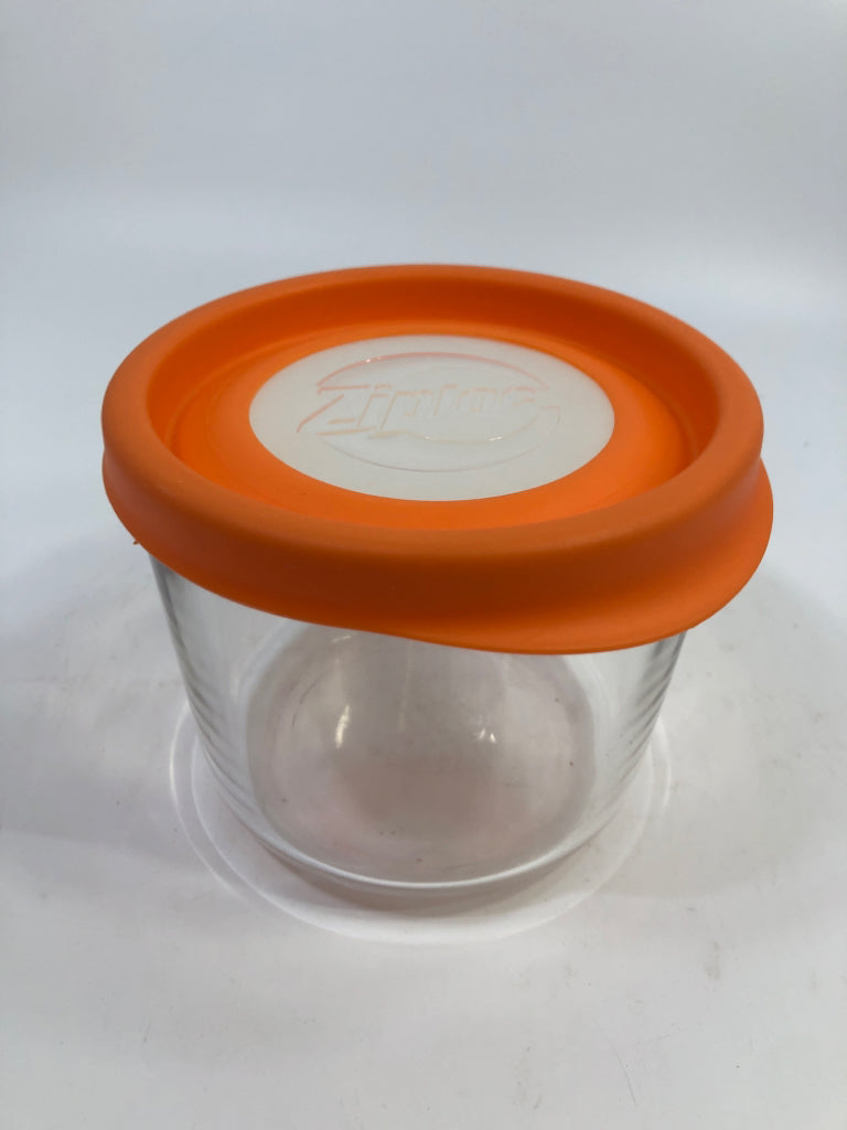 ROUND ZIPLOCK GLASS CONTAINER W/ORANGE LID.
