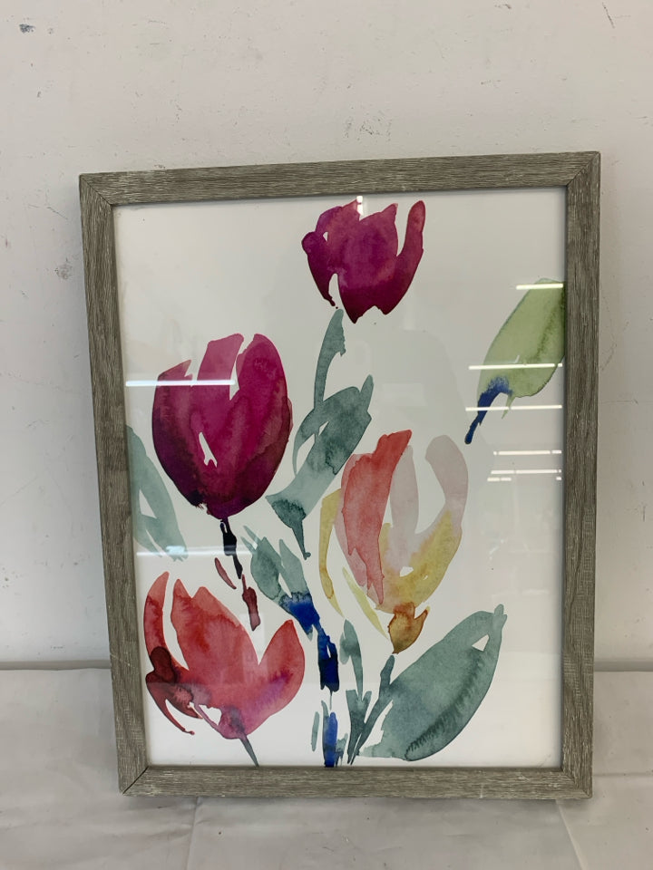 PINK FLORAL IN GREY WHITE WASHED FRAME WALL ART.