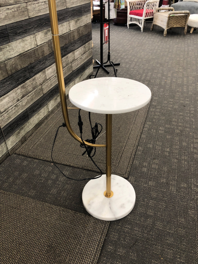 LARGE ARCHED FLOOR LAMP W/ BUBBLE SHADE+ 2 TIER MARBLE TABLE.