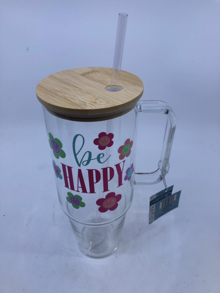 GLASS BE HAPPY TUMBLER W/ GLASS STRAW/WOOD LID.