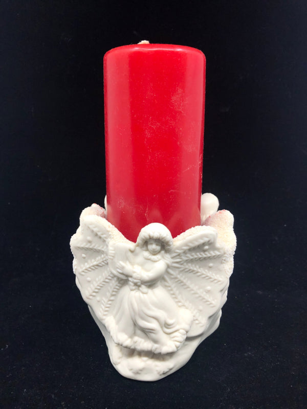 WHITE ANGEL PILLAR CANDLE HOLDER W CANDLE.