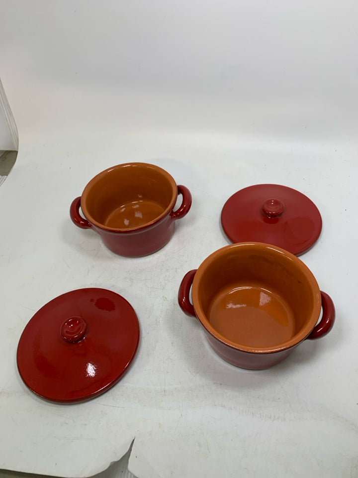 2 PIRAL POTTERY ALBISOLA ITALY TERRACOTTA SINGLE BAKERS W/ LIDS.