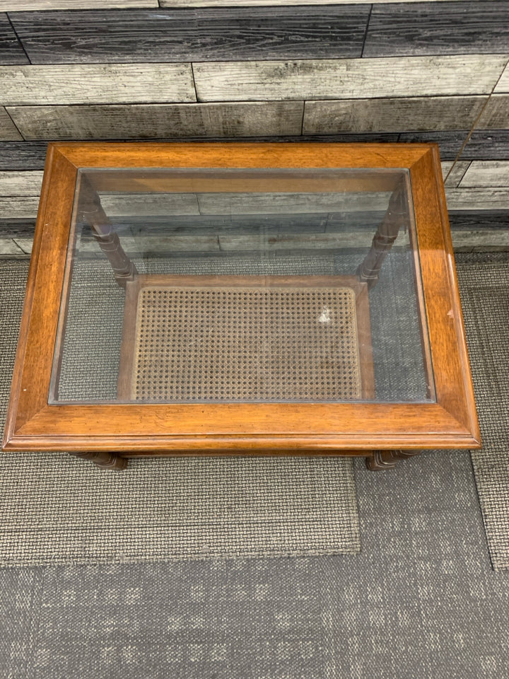 DARK WOOD GLASS TOP SIDE TABLE W BOTTOM SHELF.