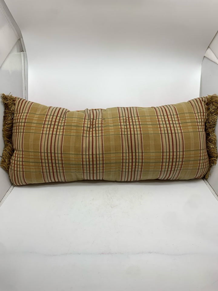 BEIGE & RED PLAID PILLOW W/FRINGE.