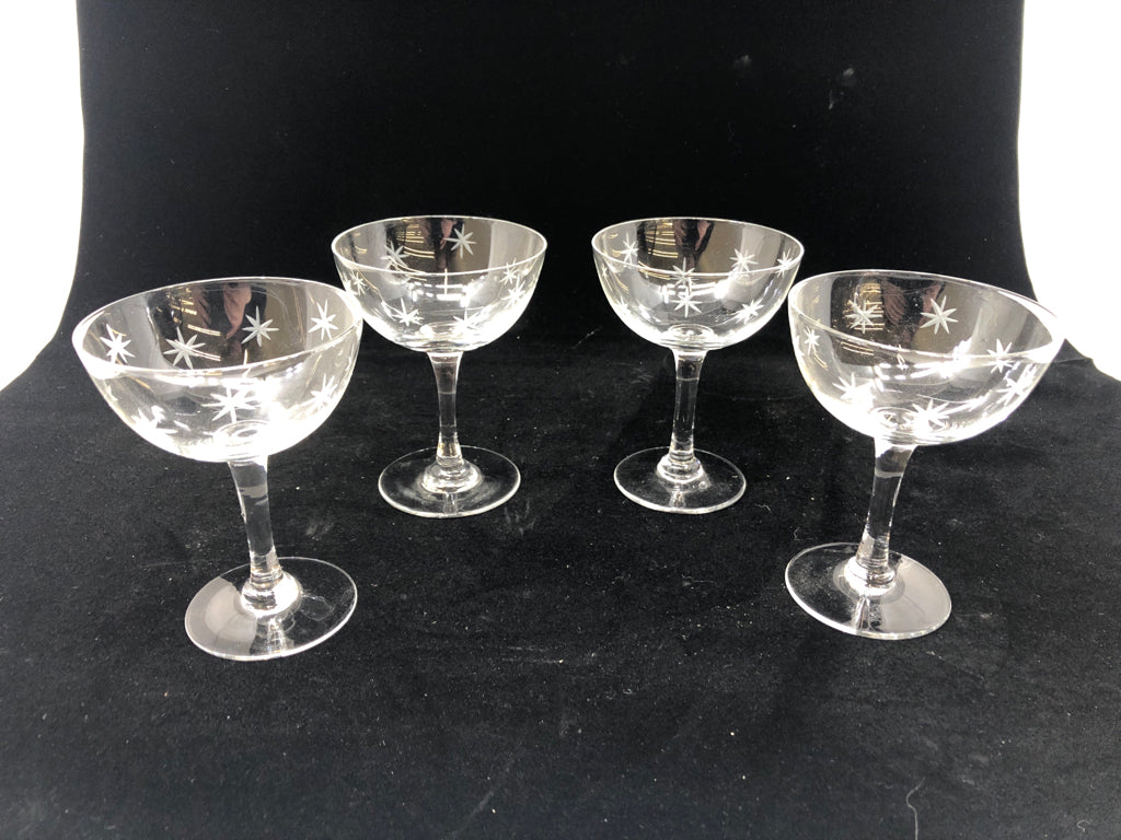 4PC SM CLEAR GLASS COUPE GOBLETS W/ETCHED STAR DESIGN.