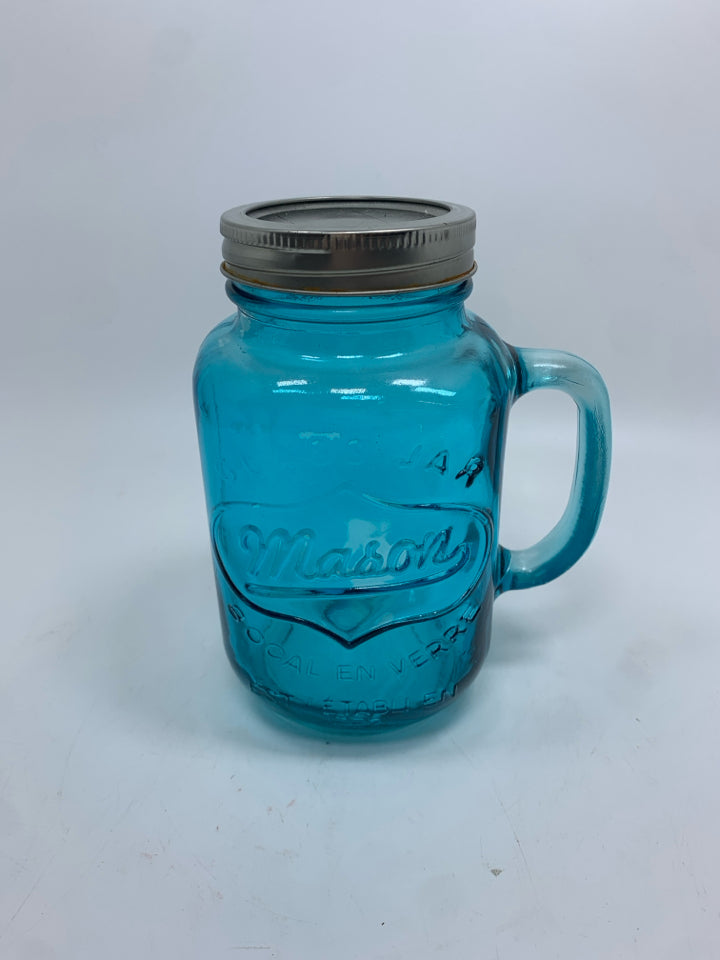 BLUE MASON JAR MUG W/LID.