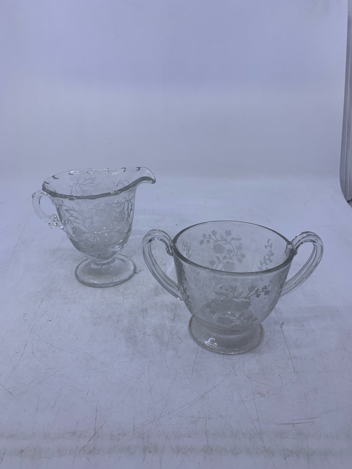2PC VTG ETCHED GLASS CREAM + SUGAR BOWL
