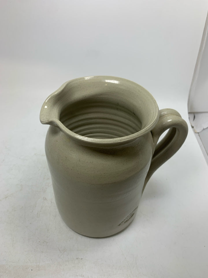 HEAVY DARK BLUE PAINTED FLOWER POTTERY PITCHER.