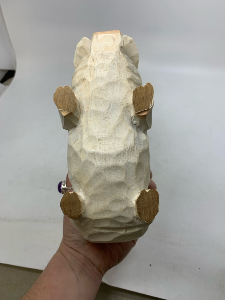 WOOD CARVED WHITE TEXTURED PIG.