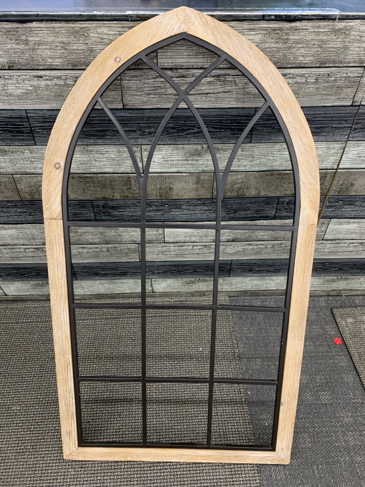 ARCHED WOOD WINDOW FRAME WALL HANGING.