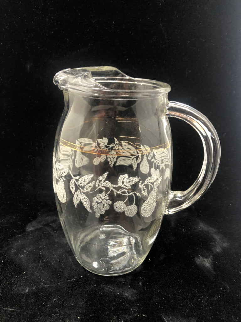 VTG GLASS PITCHER W/TEXTURED FRUIT DETAIL.