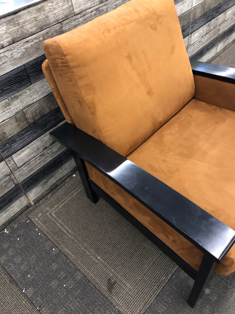 ORANGE FABRIC CHAIR W/WOOD BASE.