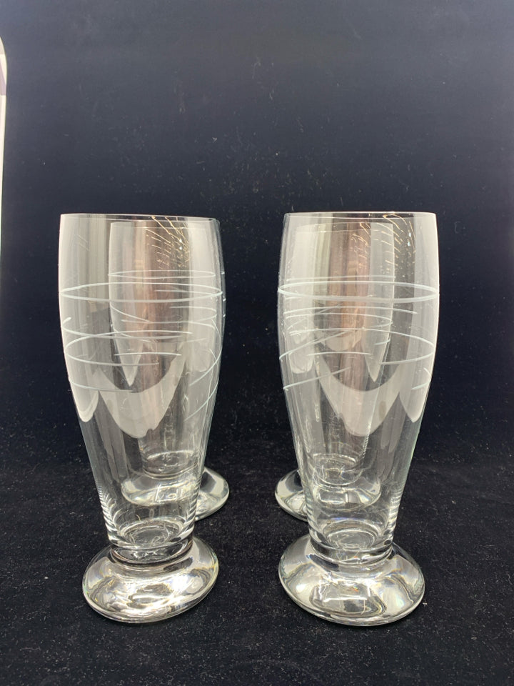 4 LARGE PILSNER GLASSES W/ ETCHED LINE DESIGN.