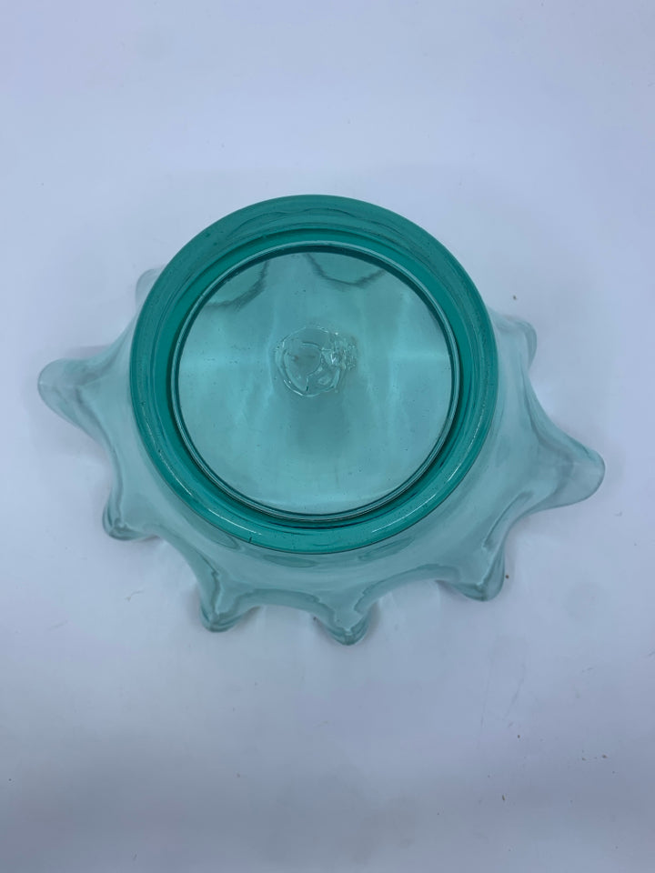 GREEN TINTED WAVY GLASS BOWL.