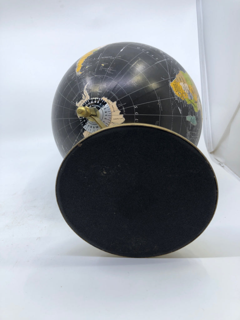 BLACK GLOBE ON GOLD STAND.