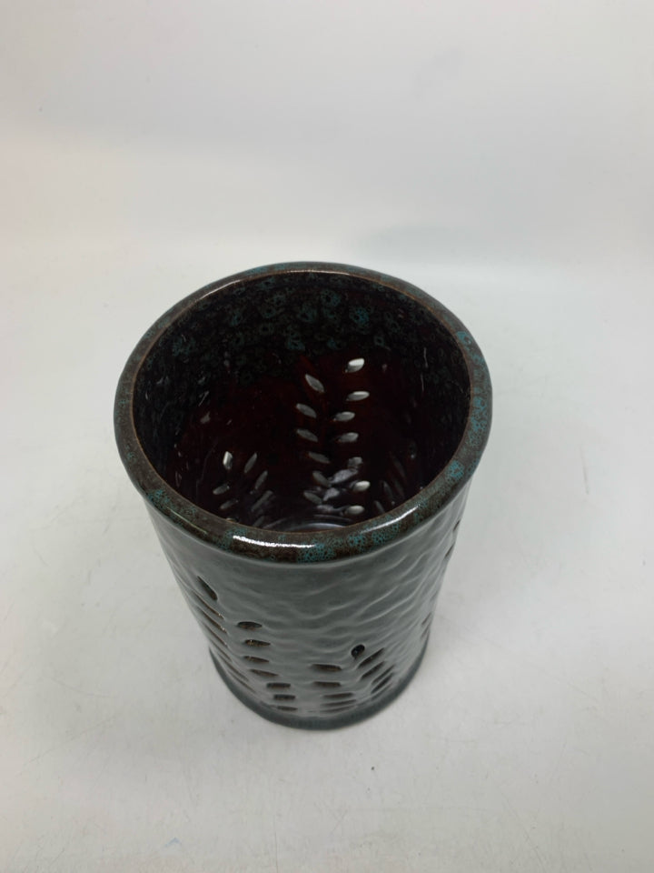 PIERCED CYLINDER TEAL SPECKS PILLAR CANDLE HOLDER.