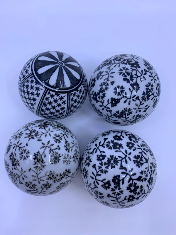 4 CERAMIC WHITE/ BLACK FLOWER DESIGN FILLER BALLS.