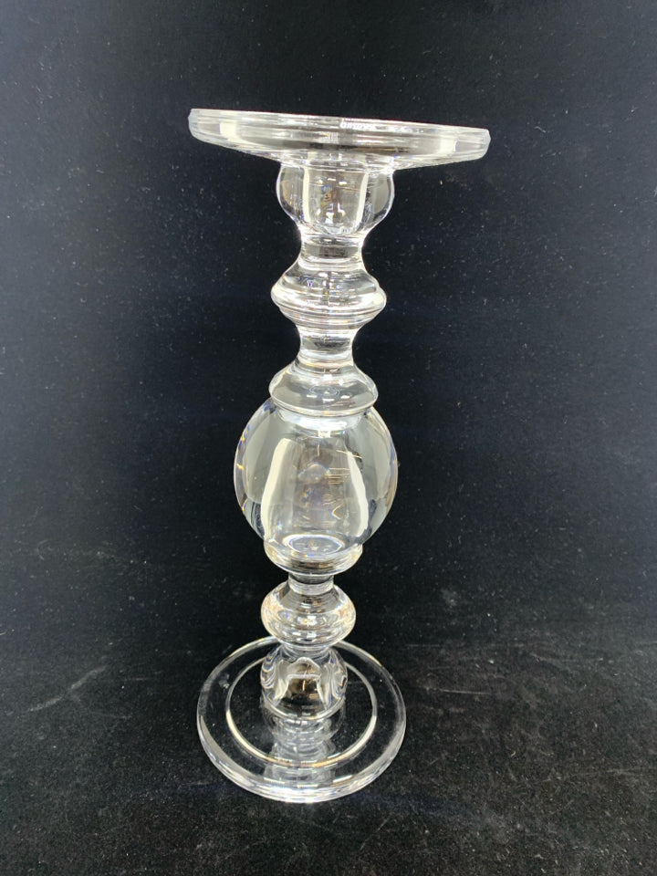 2 CLEAR GLASS BULB SHAPED CANDLESTICK HOLDERS.