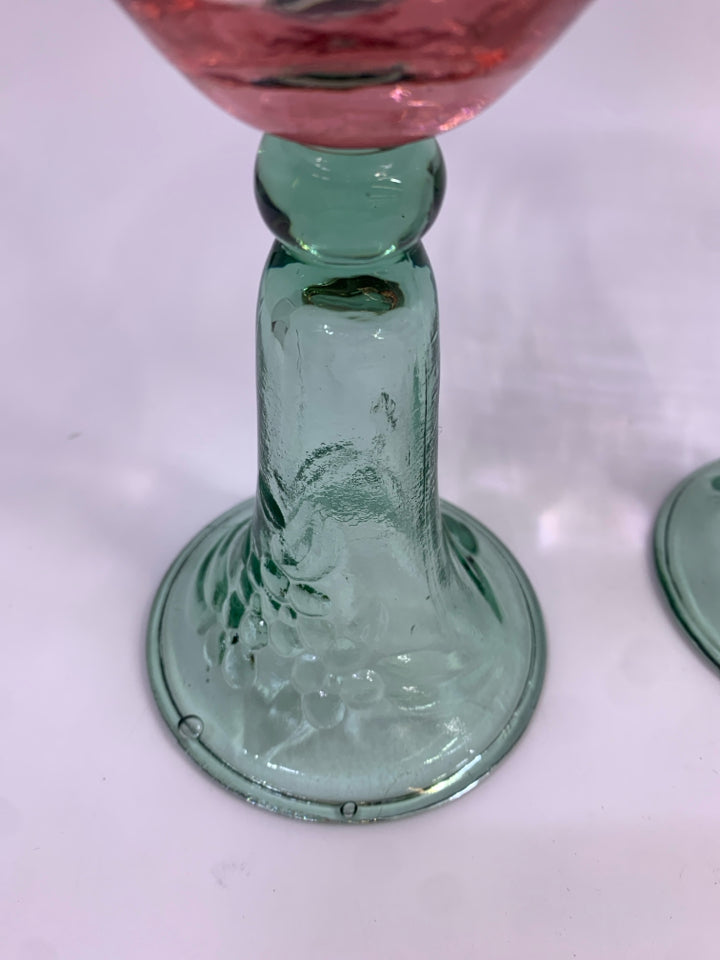2 WATERMELON PINK & GREEN GLASS GOBLETS.