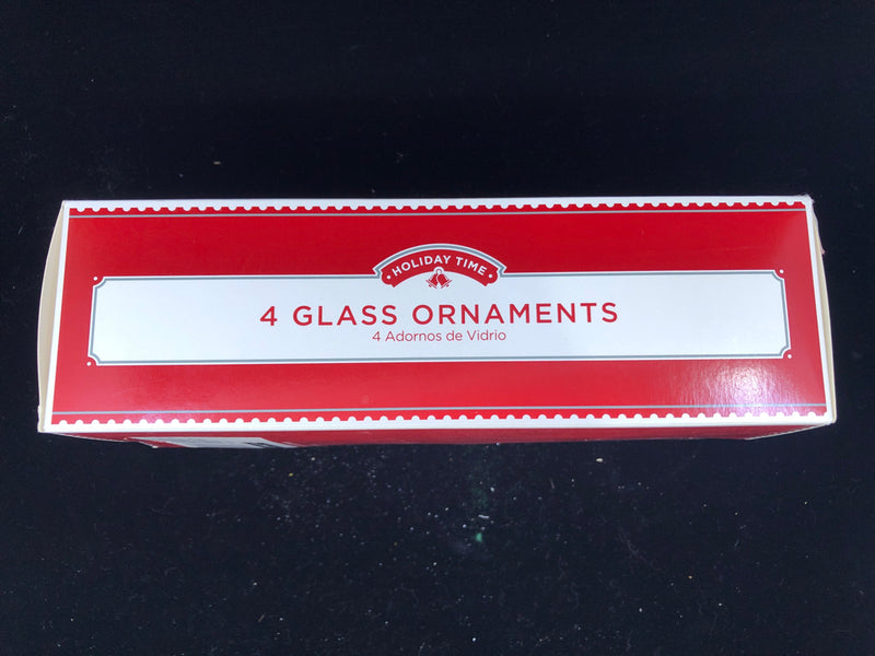 4 GLASS NAUGHTY NICE ORNAMENTS IN BOX.