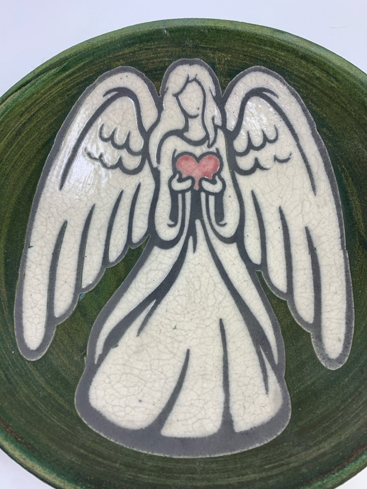 JEREMY DILLER RAKU POTTERY GREEN BOWL W/ANGEL.