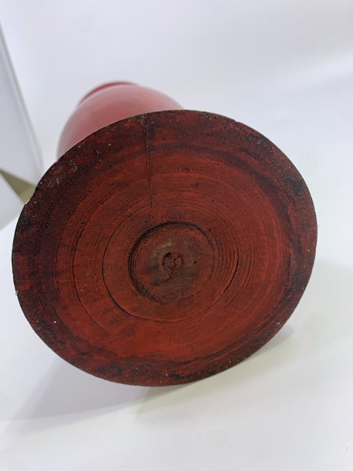 RED PLASTER VASE W/RAISED GOLD DETAILS.