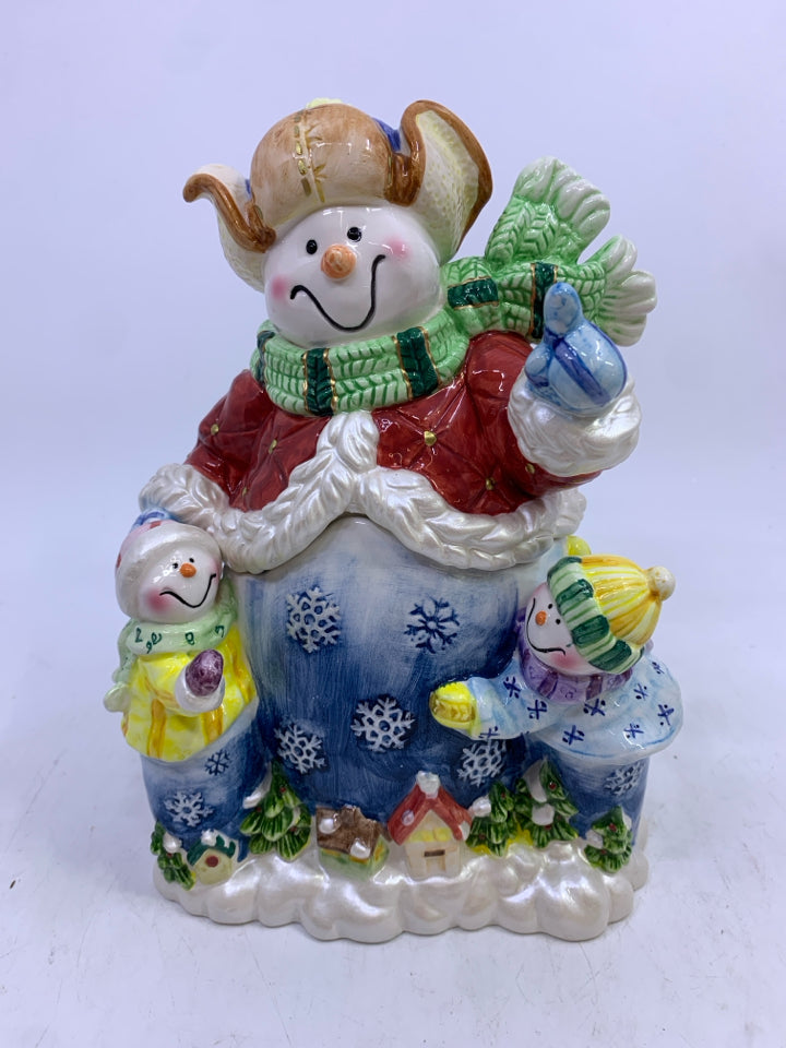 CERAMIC SNOWMAN W/2 SNOW CHILDREN COOKIE JAR.
