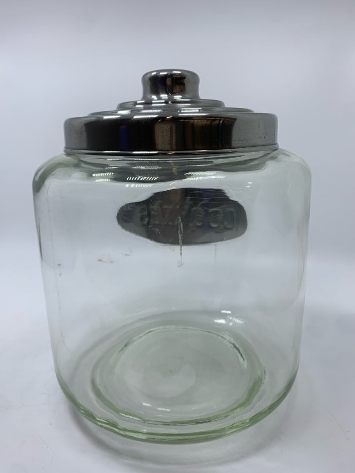 GLASS COOKIE JAR W/SILVER LID.