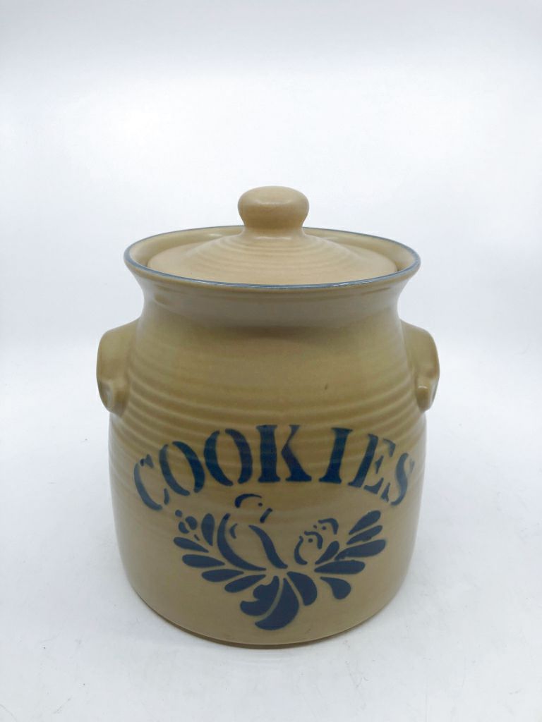 TAN W BLUE PAINTED BIRD COOKIE JAR.