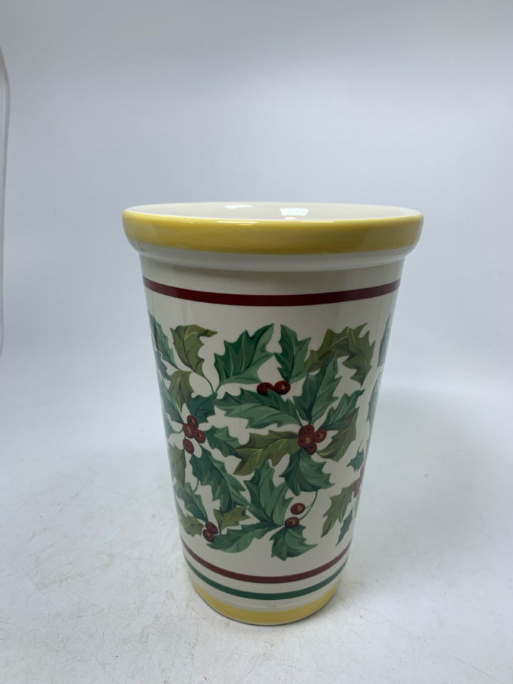 HEAVY LONGABERGER LARGE POTTERY CHRISTMAS AMERICAN HOLLY VASE.