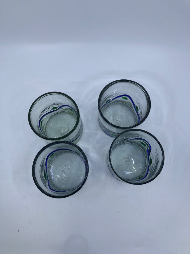 4 GREEN AND BLUE SHORT BLOWN GLASS GLASSES.