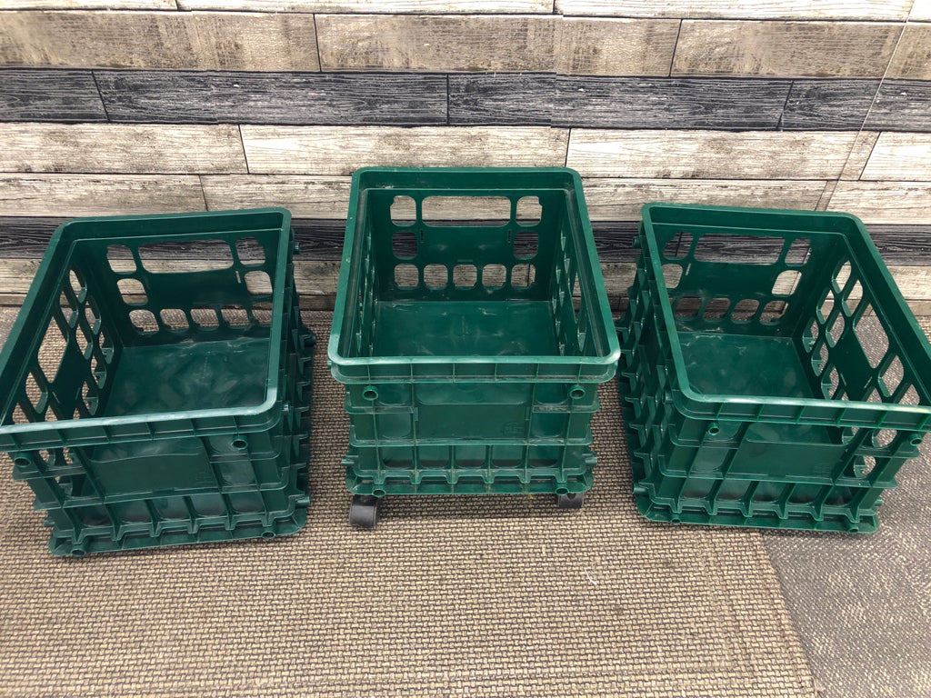 3PC STACKED GREEN ROLLING CRATE.