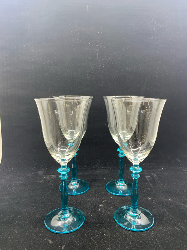 4 LIGHT BLUE STEM WINE GLASSES W/ SLIGHT FLARE.