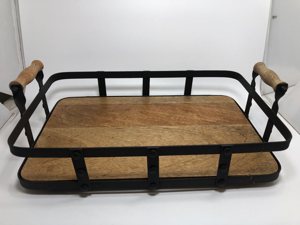 WOODEN AND METAL TRAY W/HANDLES.