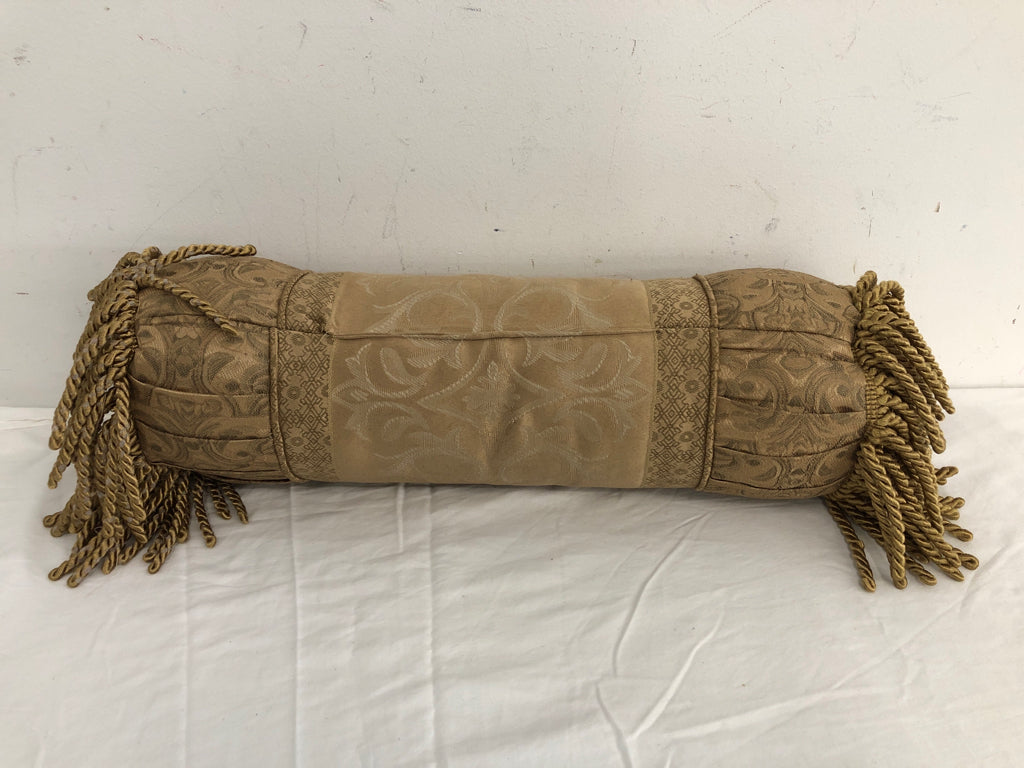 BROWN ROLL PILLOW W/FRINGE.