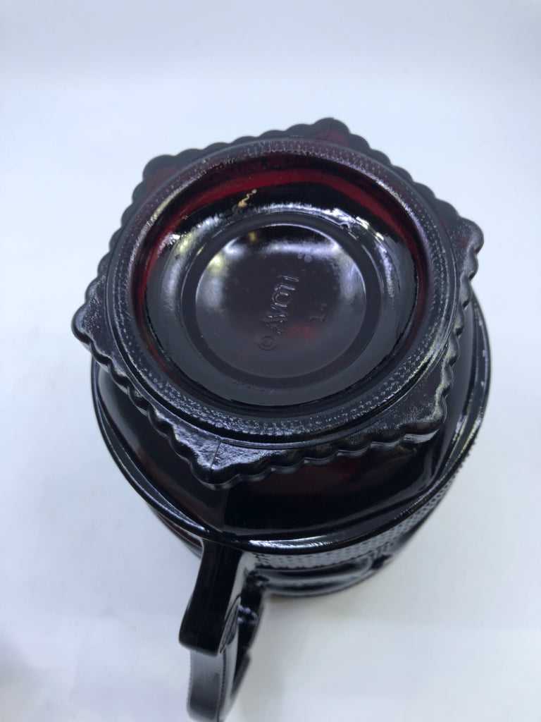 VTG FOOTED CRANBERRY GLASS CUT PITCHER.