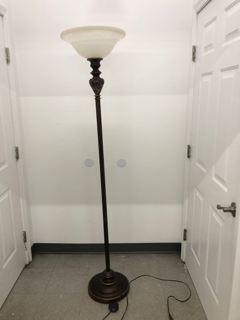 BROWN METAL W/MARBLE ACCENT, GLASS SHADE FLOOR LAMP.