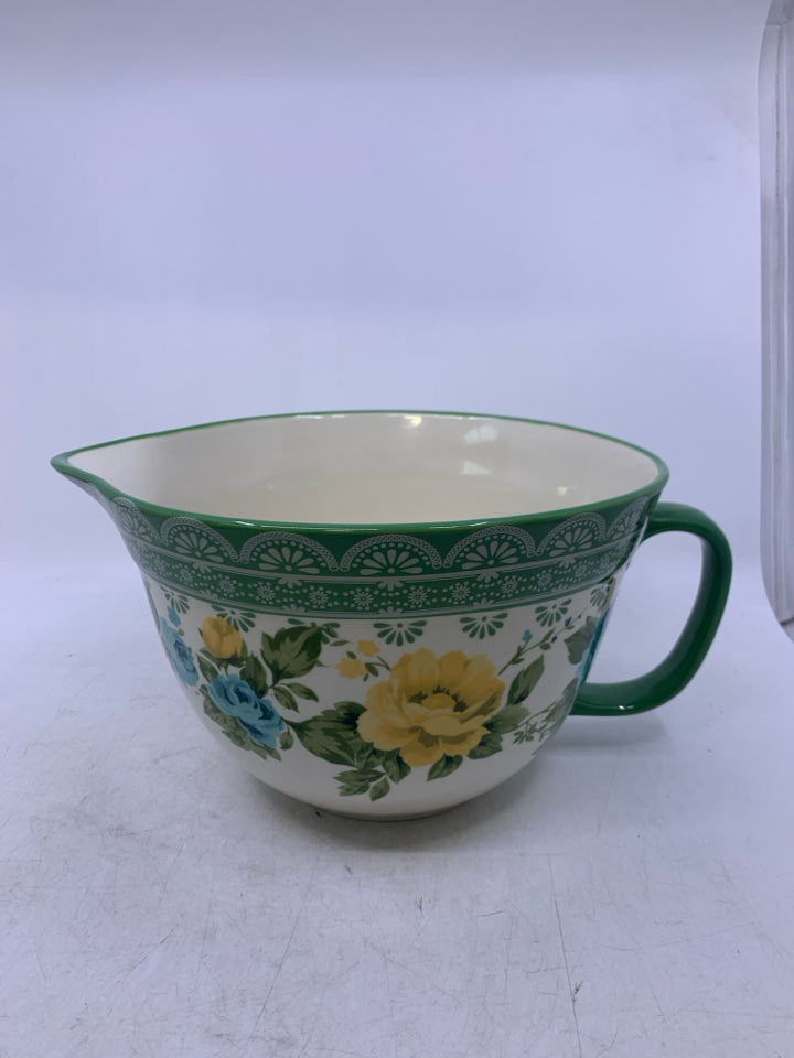 CERAMIC BATTER BOWL W/ YELLOW BLUE FLOWERS.