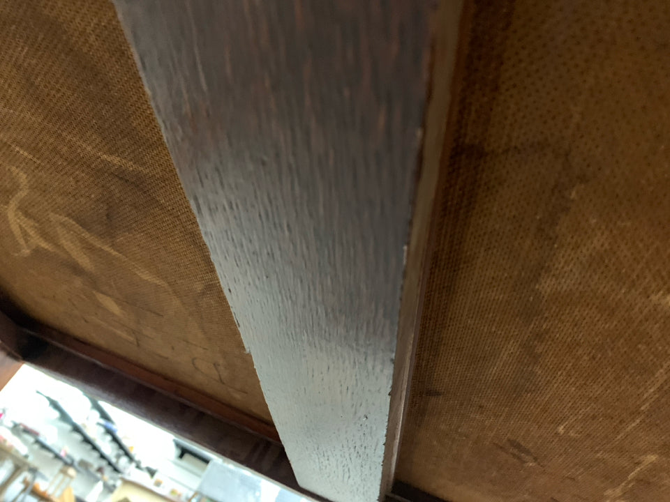 HEAVY WOOD DESK W/2 DRAWERS & CHAIR W/BROWN CUSHION.