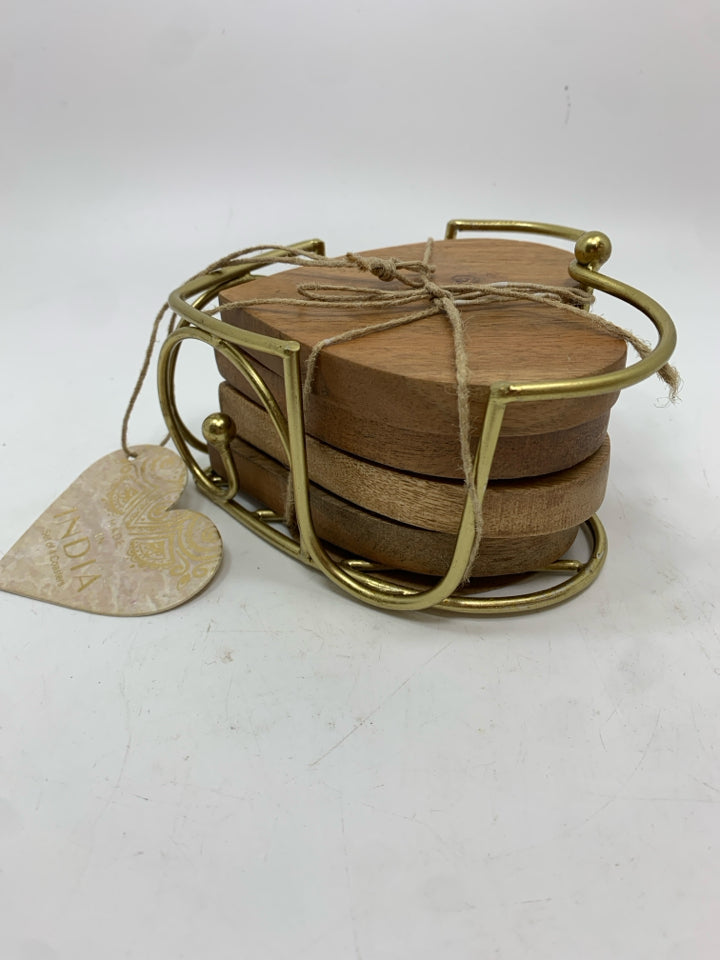 NWT WOODEN HEART COASTERS IN GOLD ORGANIZER.