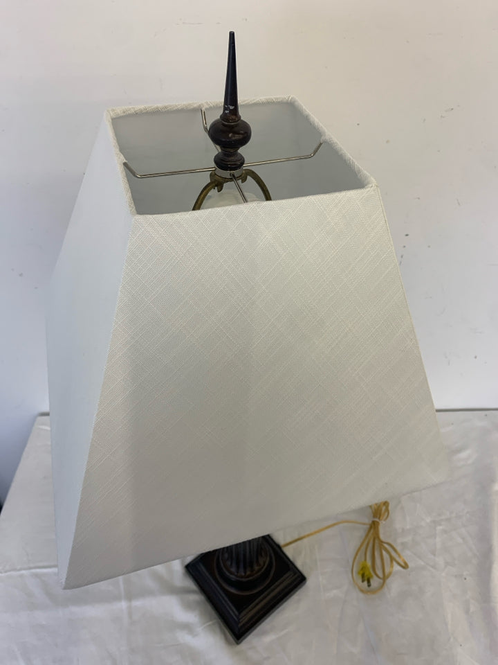 BROWN HEAVY COLUMN  BASE LAMP W/ WHITE SQUARE SHADE.