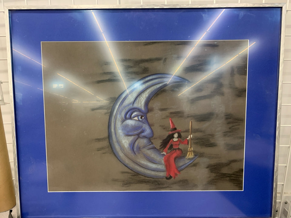 BLUE MOON W/ WITCH SITTING IN RED DRESS BLUE BACKGROUND WALL ART.
