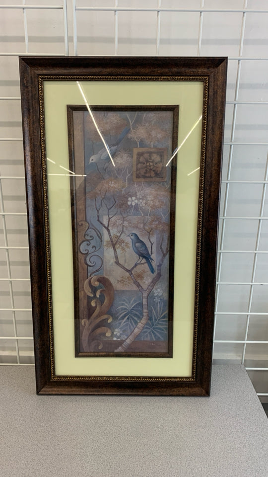 BLUE BIRDS PRINT IN BROWN FRAME.