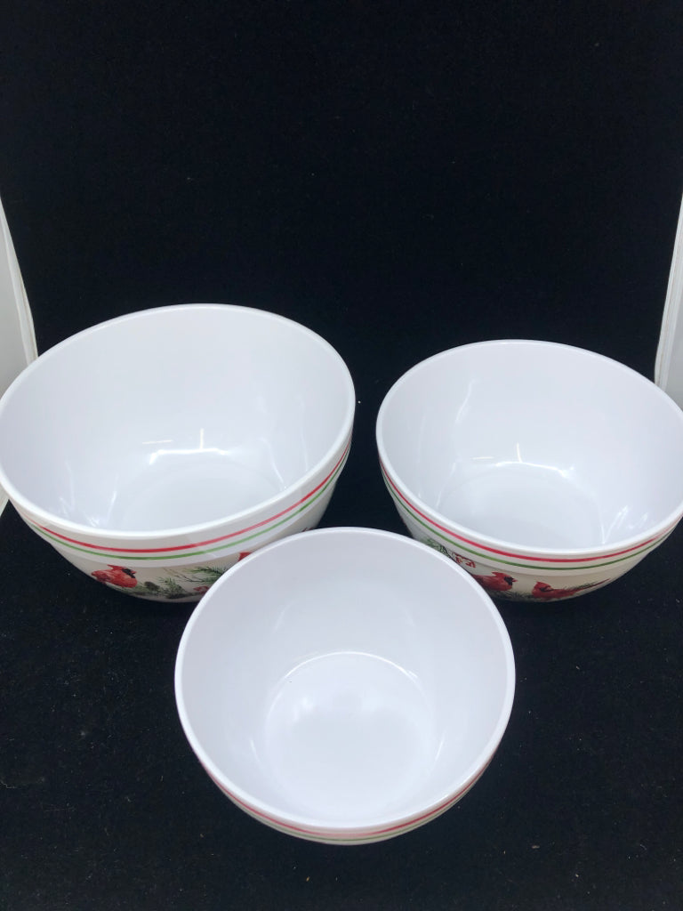 3 MELAMINE CARDINAL NESTING BOWLS.