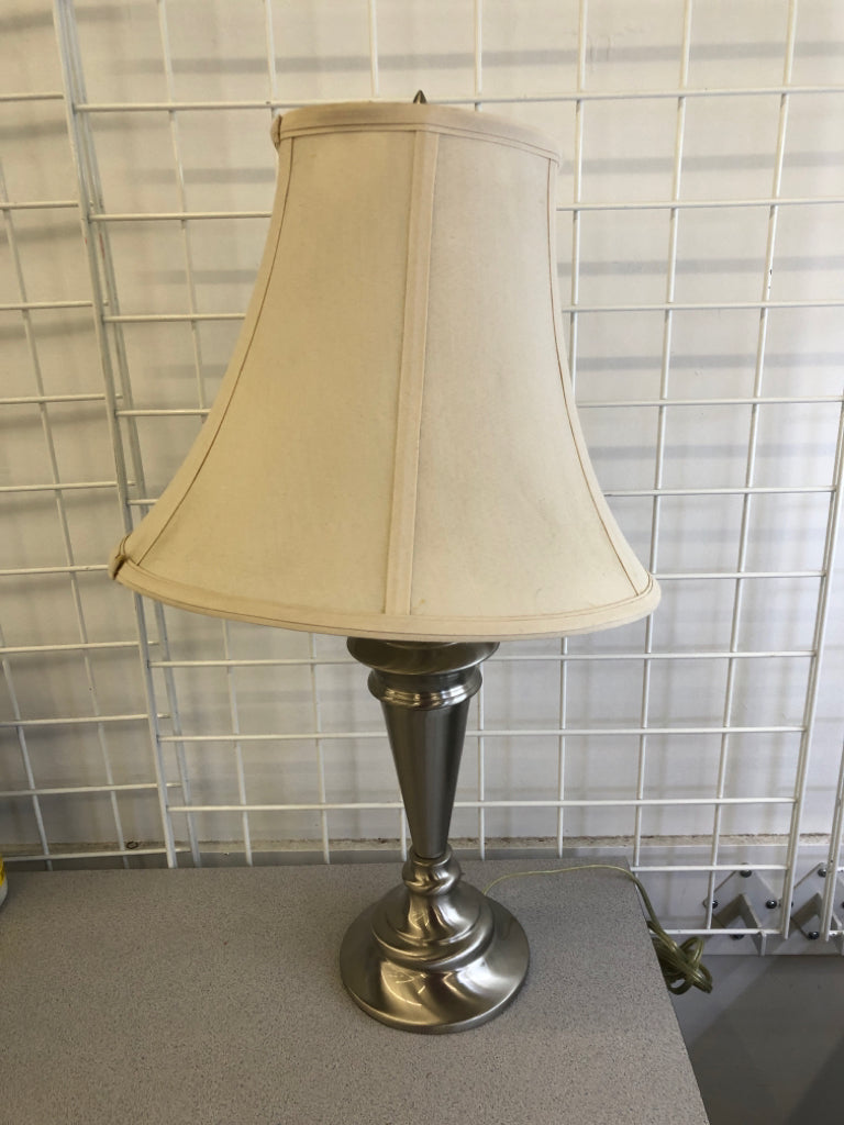 SILVER BASE, TAN SHADE TABLE LAMP.