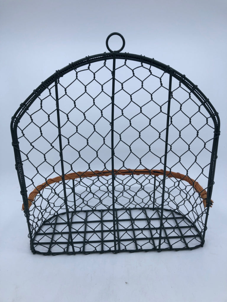 GREEN METAL /WICKER HANGING BASKET.